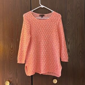 Dana Buchman peach colored knit sweater. 3/4 sleeves. Peekaboo knit. Size Large.